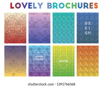 Brochures with geometric patterns and vector illustrations for business use.