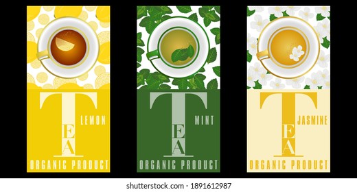 Brochures or height labels for 3 kinds of flavored tea, lemon mint and jasmine.