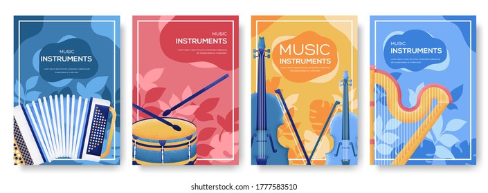 Brochures with musical instruments concept flyer, web banner, ui header, enter site. People character with items around musical instruments background. Grain texture and noise effect.