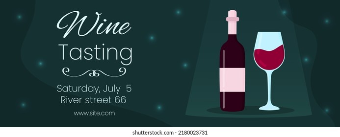Brochures, posters, invitation cards template, banner for promotion and social media design of wine tasting party. Wine glass with bottle on green background. Vector illustration