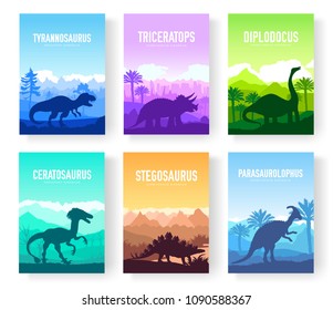 Brochures with set of colorful primitive dinosaurs. Carnivorous predator animals before BC. Template of magazines, poster, book cover, banners. Landscape invitation concept