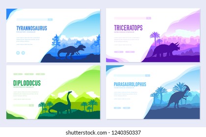 Brochures with set of primitive dinosaurs. Carnivorous predator animals before BC. Template of flyear, web banner, ui header, enter site. Invitation concept background. Layout modern slider 