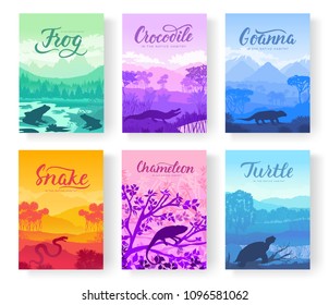 Brochures with varieties of reptiles. Animals in their habitat. Flyers with wild animals in nature. Template of magazines, poster, book cover, banners. Landscape invitation