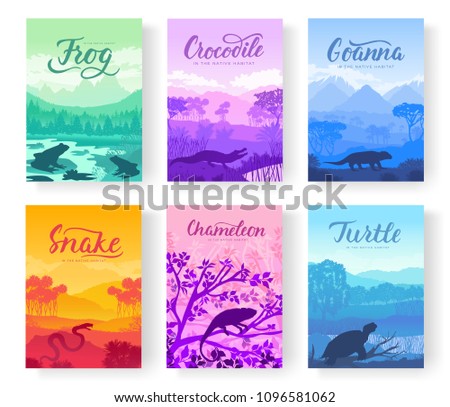 Brochures with varieties of reptiles. Animals in their habitat. Flyers with wild animals in nature. Template of magazines, poster, book cover, banners. Landscape invitation