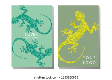 Brochures with varieties of reptiles. Gentle colors. Landscape invitation.