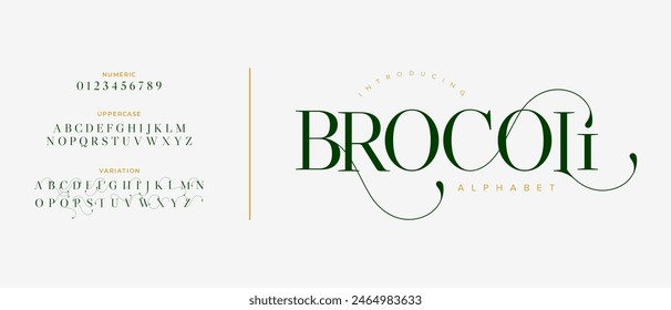 Brocoli elegant font alphabet uppercase lowercase and number. Classic lettering minimal fashion designs. Typography modern serif fonts regular decorative vintage concept. Vector illustration