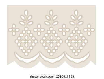 Broidered, eyelet embroidery lace border. Seamless pattern with floral elements. Fashion fabric and paper borders. Elegant and ethnic decorative border with scallop edge. Vector.