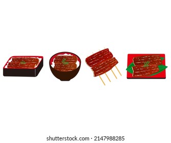 Broiled eel served over rice in a lacquered box . Grilled eel . Eel kabayaki. Japanese food. Vector illustration.