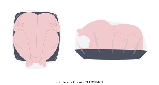 Broiler chicken carcass packaging. Thick fresh bird carcass. Farm poultry meat. Flat vector illustration