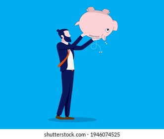 Broke businessman - Business person turning piggy bank upside down searching for money. Financial problems concept. Vector illustration.