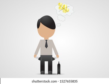 Broke Businessman Cartoon Vector. Bankrupt Broke Businessman - Isolated On Gray Background. Cartoon Character Vector. Businessman With Empty Pockets