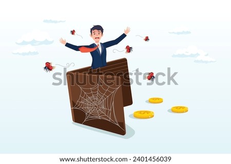 Broke businessman stand with empty wallet with bugs fly around and spider web, poor or poverty with empty wallet, financial problem, trouble to pay rent or loan, bankruptcy or unemployment (Vector)