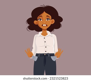 
Broke Businesswoman Having No Money Vector Cartoon Illustration. Stressed lady with empty pockets and no cash 
