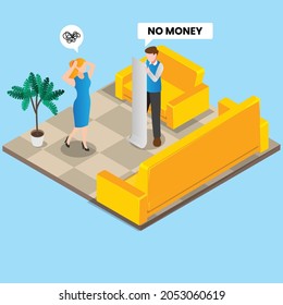 Broke Family Checking Bills 3d Isometric Vector Illustration Concept For Banner, Website, Landing Page Template, Ads And Flyer