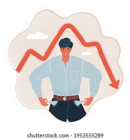 Broke sad man with empty pockets. Financial crisis trend arrow. Isolated background cartoon vector. Poverty, recession and unemployment concept. Personal bankruptcy illustration