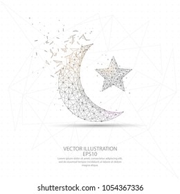 Broke and spread moon and star with shadow digitally drawn low poly wire frame on white background. Ramadan Kareem design concept.
