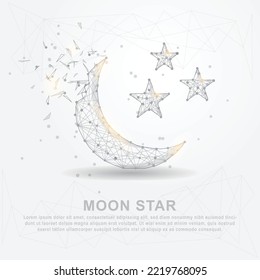 Se rompen y difunden la luna y la estrella con sombra dibujada digitalmente bajo marco de alambre de poli sobre fondo blanco.