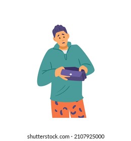 Broke upset man checking empty wallet for cash. Poor person in lack of money overcoming financial crisis, cartoon flat vector illustration isolated on white background.