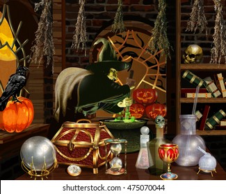 Brokeback Witch brews magical potion.Halloween background.