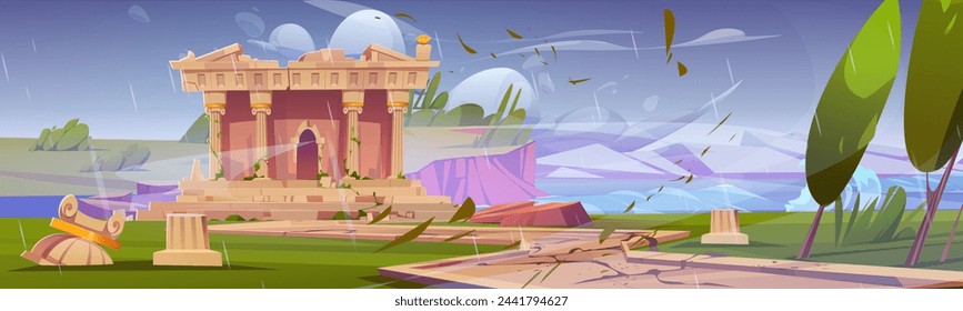 Broken abandoned ancient Greek temple with creeper on damaged columns and stairs at sea or ocean beach under gloomy weather with rain and wind. Cartoon vector landscape with antique architecture ruins