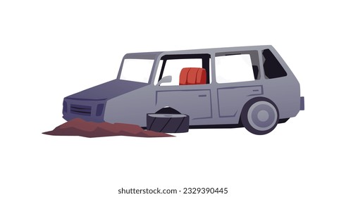 Broken and abandoned car, cartoon flat vector illustration isolated on white background. Car accident or natural disaster concepts. Destroyed car in dirt with broken wheel.