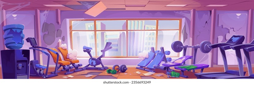 Broken and abandoned gym with smashed cardio and weight training equipment, scattered garbage and cobwebs. Cartoon vector destroyed and closed sports club with holes in walls and ceiling.