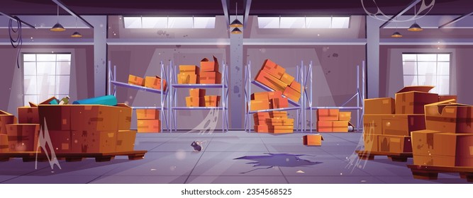 Broken and abandoned warehouse room with damaged storage inventory, destroyed wooden containers and carton parcel boxes, garbage and messy, cobwebs and mouse. Cartoon vector closed storage hangar.