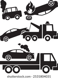 Icono roto o accidente de coche. silueta de accidente de coche png. Conjunto de iconos de accidente automovilístico. Signo de Vector. Accidente automovilístico