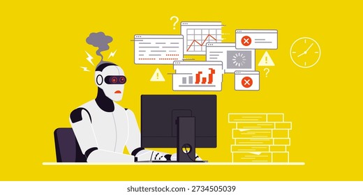 Broken AI robot sitting at the office desk and generating sloppy content and corrupted data, AI workslop concept