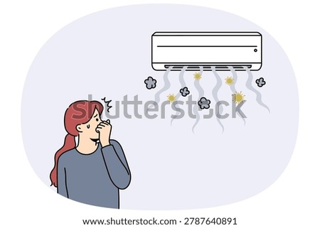 Broken air conditioner causes stench and spread of germs in apartment with girl covering nose. Problem with air conditioner or split system that contributes to appearance of bacteria