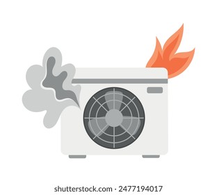 Broken air conditioner. Installation of equipment. Air conditioner repair. Built-in split system with flame and smoke. eps 10
