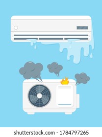 Broken Air Conditioner Vecor Illustration On Blue Background. Air Conditioning Sistem With Demages, Water And Smoke. Support Or Repair Service Concept.