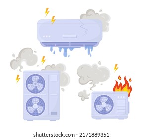 Broken Air Conditioner Vector Illustrations Set. Damage Or Defect Of Air Conditioning Or Home Ventilation System Due To Overheat Isolated On White Background. Technology, Repair Service Concept