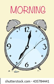 Broken alarm clock. Bad morning concept. Colorful hand drawn vector stock illustration