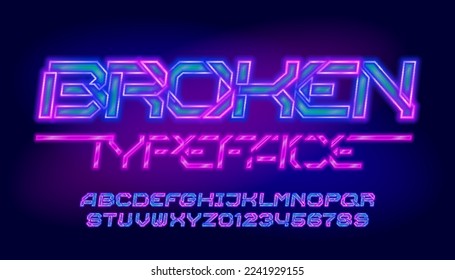 Broken alphabet font. Neon colorful letters and numbers. Stock vector typeface for your design.