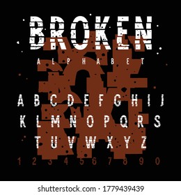 Broken alphabet with grunge effect. Vector handmade alphabet. Broken uppercase letters and numbers