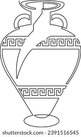 Broken Amphora vase with a handle in the Greek style. Continuous line drawing. Vector illustration.
