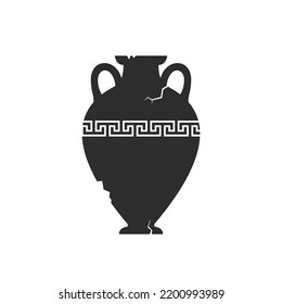Broken amphorae silhouette. Cracked ancient greek vase with meander pattern. Antique ceramic jar or vessel. Old clay pottery. Vector