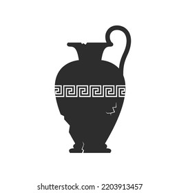 Broken amphorae silhouette. Cracked ancient greek vase with meander pattern. Antique ceramic jar or vessel. Old clay pottery. Vector