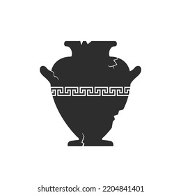 Broken amphorae silhouette. Cracked ancient greek vase with meander pattern. Antique ceramic jar or vessel. Old clay pottery. Vector