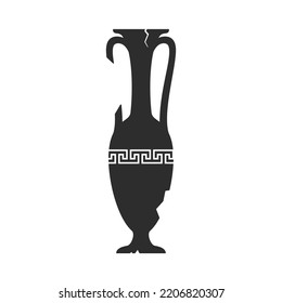 Broken Amphorae Silhouette. Cracked Ancient Greek Vase With Meander Pattern. Antique Ceramic Jar Or Vessel. Old Clay Pottery. Vector