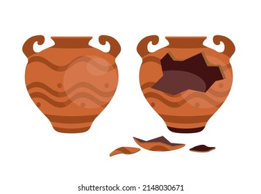 Icono de ánforas antiguas rotas con dos mangos. Vieja olla de cosecha tradicional. Frasco de vajilla de arcilla antigua. Artefacto arqueológico de la jarra de cerámica. Cerámica de vasijas griegas o romanas para vino, aceite. Ilustración del vector