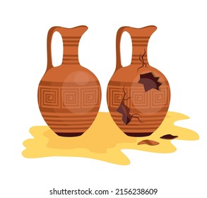 Broken Ancient Amphora Icon With Two Handles. Old Traditional Vintage Pot. Antique Clay Vase Jar. Ceramic Jug Archaeological Artefact. Greek Or Roman Vessel Pottery For Wine, Oil. Vector Illustration