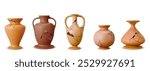 Broken ancient clay vessel. Old traditional greek earthenware. Realistic 3d vector set of antique ceramic pottery. archeology porcelain utensil - jug, pitcher and vases with cracks and holes.