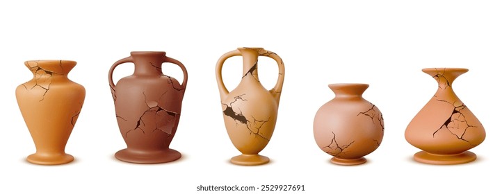 Broken ancient clay vessel. Old traditional greek earthenware. Realistic 3d vector set of antique ceramic pottery. archeology porcelain utensil - jug, pitcher and vases with cracks and holes.