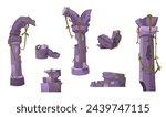 Broken ancient column pieces isolated on white background. Vector cartoon illustration of antique greek or roman arch pillar stones, abandoned palace, historical excavation site design elements