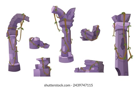 Broken ancient column pieces isolated on white background. Vector cartoon illustration of antique greek or roman arch pillar stones, abandoned palace, historical excavation site design elements