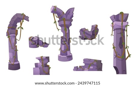 Broken ancient column pieces isolated on white background. Vector cartoon illustration of antique greek or roman arch pillar stones, abandoned palace, historical excavation site design elements