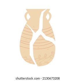 A broken ancient Greek vase. An old Roman vase with two handles. An archaeological artifact. Ceramic tableware. Hand-drawn illustration on a white isolated background.