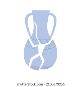 A broken ancient Greek vase. An old Roman vase with two handles. An archaeological artifact. Ceramic tableware. Hand-drawn illustration on a white isolated background.